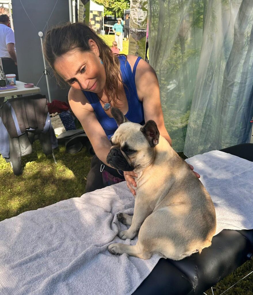 Chrystelle, praticienne en massages canins, lors d'une séance bien-être — Toutou Pawse, Pontault-Combault